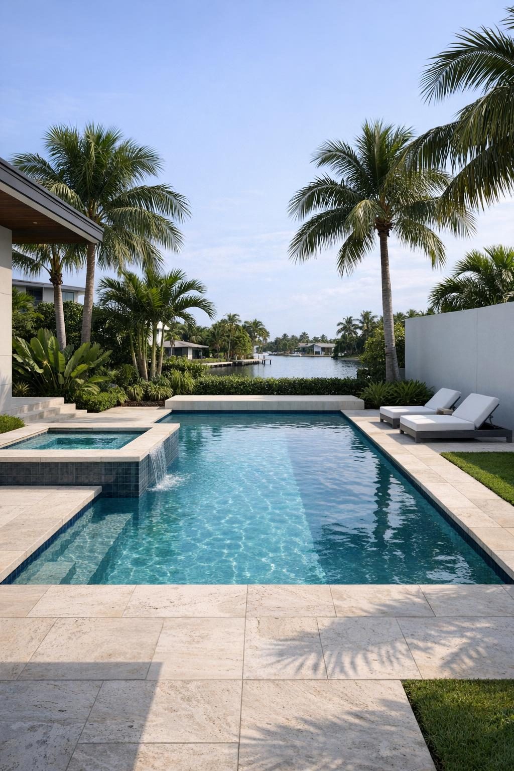 a completed pool with palm trees